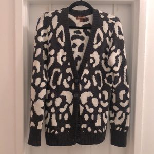 Deep V button cardigan. Charcoal and cream animal print in size Medium.